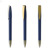 A set of blue metal pens featuring gold accents and clips, shown from three different angles.
