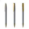 A metal pen in grey with gold accents, showcasing three angles and a branded logo.