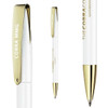 A metal pen in white and gold, featuring a branding logo and sleek design.