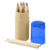 A tube containing coloured pencils in various shades, next to a blue sharpener and two individual pencils.
