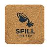 A square cork coaster featuring a dark graphic of a teapot and the words "Spill The Tea," in natural tones.