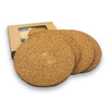 A round set of four natural cork coasters in a brown cardboard box, featuring a simple design.