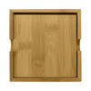 A bamboo coaster in a light brown tone with a square shape and rounded edges. It features a logo.