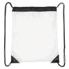 A clear drawstring backpack with black accents and corners, featuring adjustable straps and a simple design.