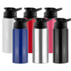 A drink bottle collection featuring white, blue, silver, black, red, and pink colours, each with a flip-top lid and branding.