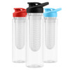 A drink bottle set featuring three transparent containers with black, red, and blue caps, each with an infuser inside.