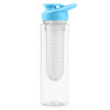 A drink bottle in clear plastic with a light blue lid and a built-in infuser for flavouring beverages.