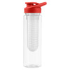 A drink bottle in clear plastic with a red lid and a built-in infuser element. It features a logo.