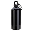 A drink bottle in glossy black with a carabiner attachment and a rounded body, featuring a logo.