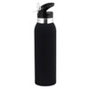 A drink bottle in matte black with a silver band near the top and a flip-top spout. Features a logo.