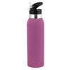 A drink bottle in a sleek purple design with a black top and spout, featuring a logo.