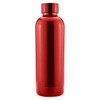 A drink bottle in bright red with a sleek, metallic finish and a matching cap. It features a logo.