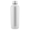A drink bottle in sleek white with a stainless steel cap and a smooth, reflective finish. It features a logo.