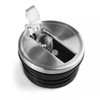 A drink bottle lid with a sleek stainless steel design and a clear toggle opening mechanism.