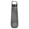 A drink bottle in a sleek, smoky grey colour with a black lid and a handle for easy carrying. It features a logo.