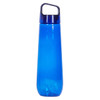 A drink bottle in a bright blue colour with a handle and a transparent design. It has a logo on the side.