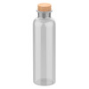 A drink bottle in clear glass with a cork stopper. It features a sleek, cylindrical design and has a logo.