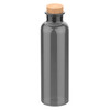 A drink bottle in a smoky grey colour with a cork lid and a simple design. It features a logo.