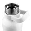 A drink bottle in white with a metal opening and a sturdy handle, featuring a logo on the side.
