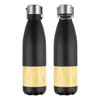 A drink bottle in black stainless steel with a bamboo accent, featuring a silver lid and logo.