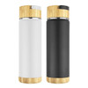 A drink bottle set featuring two vacuum bottles, one in white and the other in black, each with a bamboo accent.