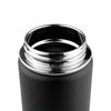 A drink bottle with a black exterior and a shiny stainless steel rim, featuring a sleek, modern design and a logo.