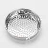 A stainless steel colander with perforated holes for draining liquids. It features a handle for easy use.