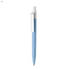 A plastic pen with a light blue barrel and a white clip, featuring a logo on the body.