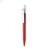 A red plastic pen with a white clip and a sleek design, featuring a branding logo.