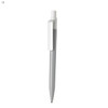 A grey and white plastic pen with a clip and a simple design. It features a logo on its surface.