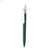 A green plastic pen with a white clip and a pointed tip, featuring a brand logo.