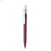 A burgundy plastic pen with a white cap and clip, featuring a logo on the barrel.