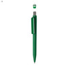 A green plastic pen with a sleek design and a cap, featuring a branding logo.