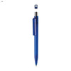 A blue plastic pen featuring a transparent barrel and a silver clip. The pen includes a logo on the cap.
