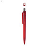 A red plastic pen with a sleek design and a logo on its clip.
