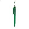 A green plastic pen with a transparent green clip and a silver nib, featuring a branding logo on the clip.