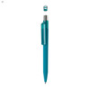 A plastic pen in turquoise with a clear clip and a reflective top. The pen has a sleek, modern design.