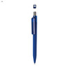 A blue plastic pen with a clear clip and a round cap featuring a logo.