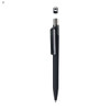 A black plastic pen featuring a sleek design and a clip, with a logo on the top.