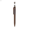 A brown plastic pen with a metallic top and a clip, featuring a simple design and a logo.