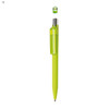 A plastic pen in vibrant neon green, featuring a transparent section and a visible logo on the clip.