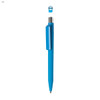 A blue plastic pen with a clip and a metal tip, featuring a removable cap. It includes a logo on the body.