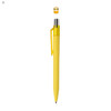 A yellow plastic pen with a shiny silver clip and a branding logo at the top.