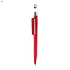 A red plastic pen with a transparent cap and a clip, featuring a logo.