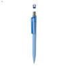 A light blue plastic pen with a transparent blue clip and a silver trim. It features a logo on the clip.