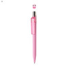 A pink plastic pen with a transparent cap and silver accents. It features a logo on the clip.