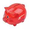 A red pig-shaped coin bank with a slot for coins and a rounded body. It features a branding logo on the side.