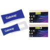 A blue and white webcam cover with a logo, designed for securing webcams on devices.