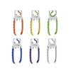 A set of six coat hangers in orange, yellow, green, purple, and white, featuring a metallic frame and ergonomic grips.