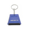 A blue ice scraper with a key ring attachment, featuring a serrated edge and a rubber grip.